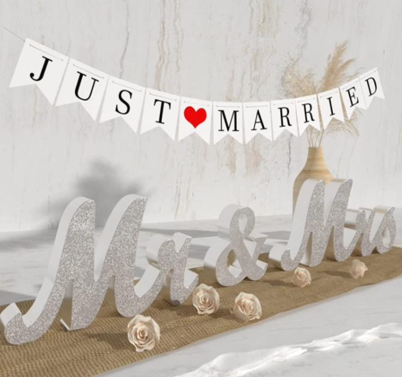 And Mrs-skilt   Just Married-banner Sølv